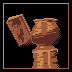 Pixel art using a minimalist brown four-colour palette. Pottery. There is clay actively being shaped into a pot in the foreground using some kind of debit card-shaped tool. The background is dark.