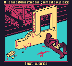 Pixel art using four colours. An unidentifiable figure is resting on the floor leaning their head on a destroyed ruinous wall, holding what looks like a motionless, unidentifiable child. There is red vegetation around, and something in the same colour that might look like splatters. In the background, a menacing looking giant tank is rolling and aiming towards the viewer, as if seeking out the cowering person in the foreground.