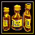 Pixel art rendition of three prescription bottles, using a minimalist palette of five colours in various shades of yellow.